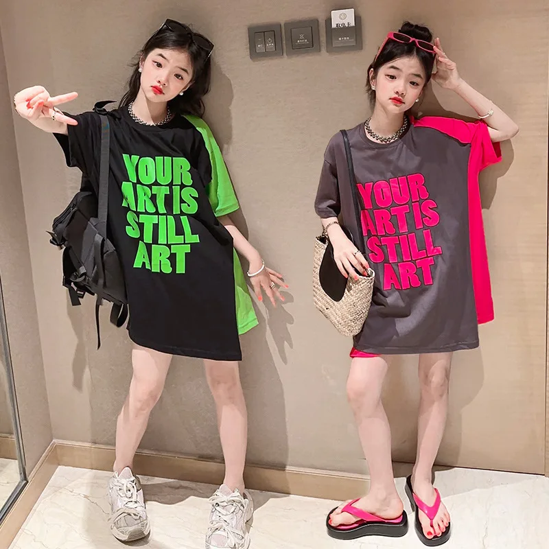 

Teen Girls T Shirt New Summer Cool T Shirt Long Loose Undershirt Letters Print Dresses for Children Tops Tees Kids 5-14 Years