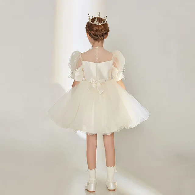 2230301 Bow Flower Girl Gown Above Knee Shortsleeve Party Dresses Girl Puff Sleeve Above Knee Party Dresses For Weddings платя 2