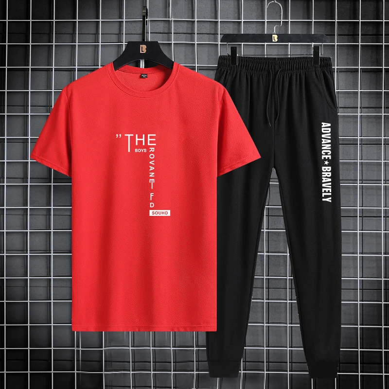Trendy printed men's sports suit, summer casual T-shirt, leggings, two piece set, thin and breathable, solid color 2024 new prod 5