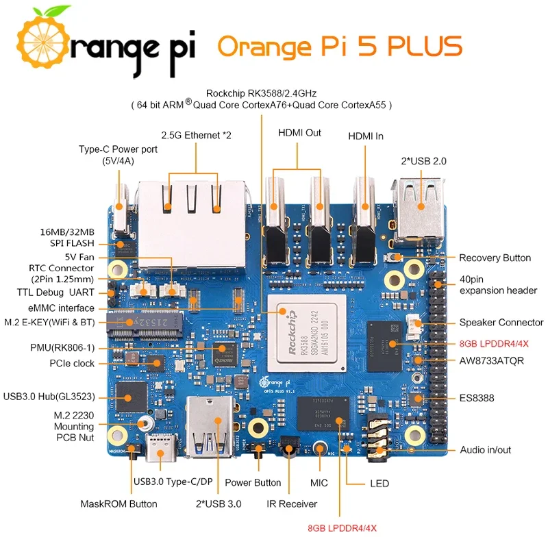 Orange Pi 5 Plus, OPI 5 Plus  ̺ ,  ̴ ɼ, 4K HDMI ȣȯ ũ ̽, 16G, 4G, 8G, RK3588, 2.5G