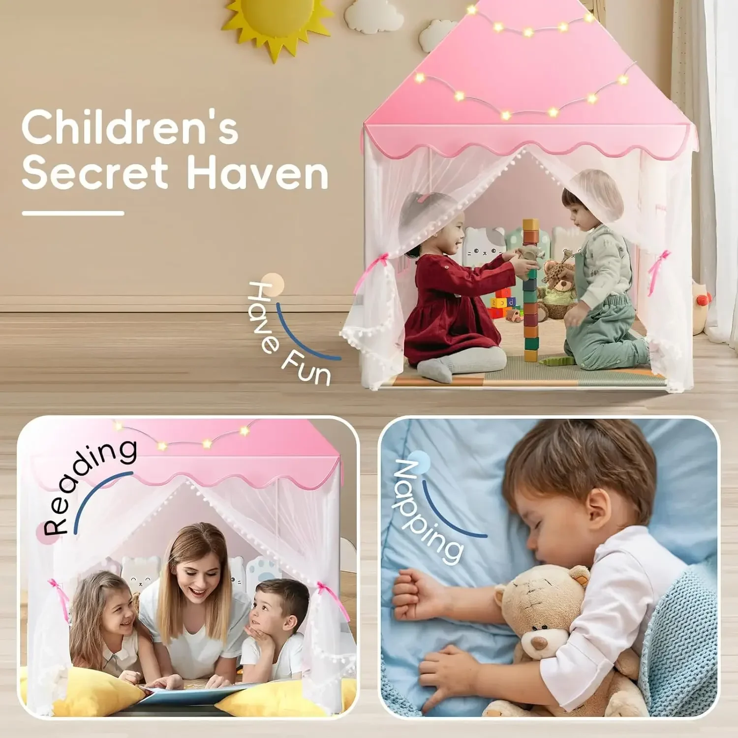 Kids Tent Girl Baby Little Princess Children Toy Tent 1.35M Wigwam Folding Castle Children's Room Decor Birthday Christmas Gifts
