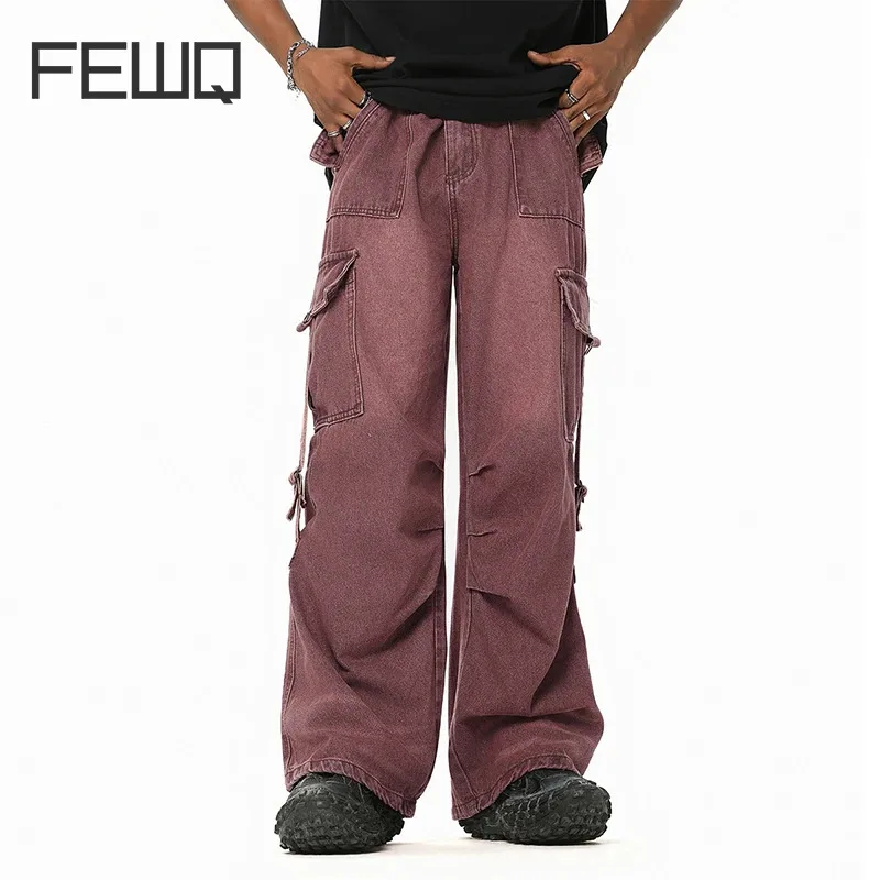 

FEWQ High Street Mens Jeans Safari Style Multi Pockets Denim Cargo Pant Male Straight Trousers American Stylish 2024 New 28W3101