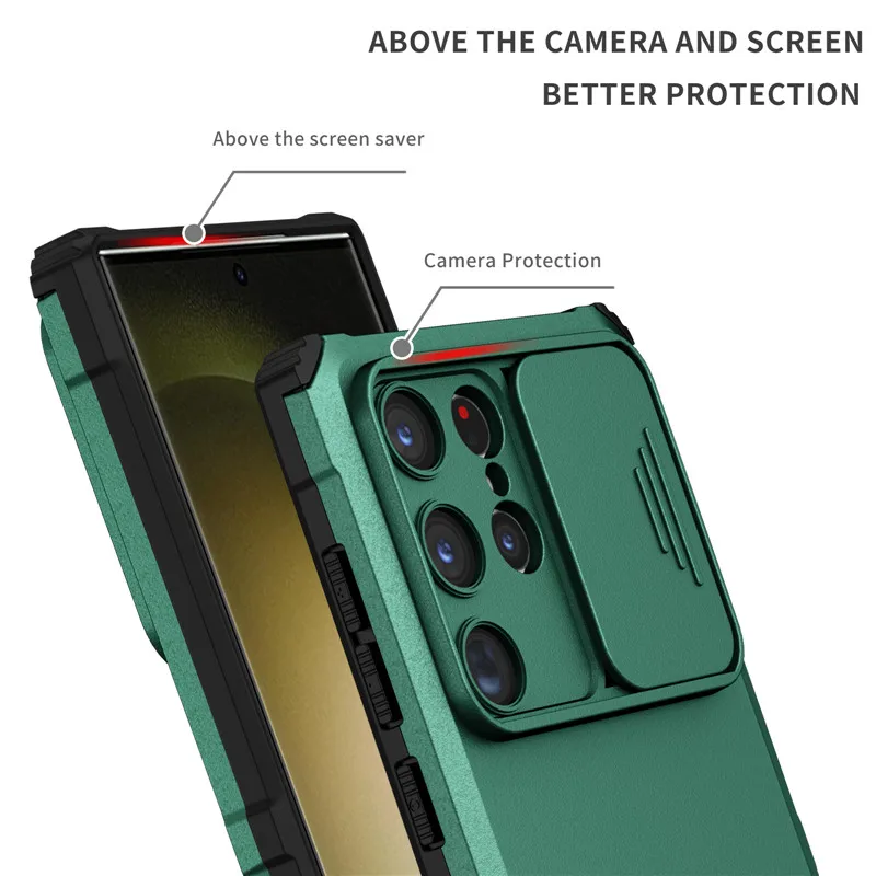 Shockproof Slide Lens Camera Case with Armor Stand Holder & Back Cover