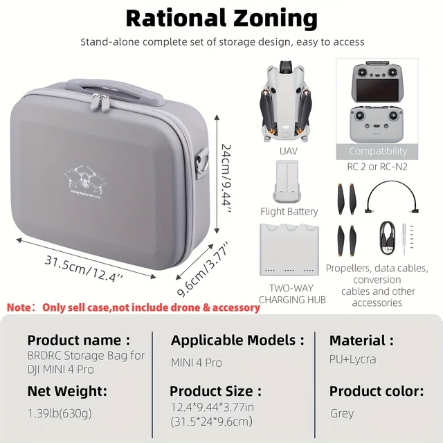 Borsa Per Drone DJI Mini 4K/2 SE/2 - Custodia Portatile Per Drone E Accessori | Grigio - Foto 7