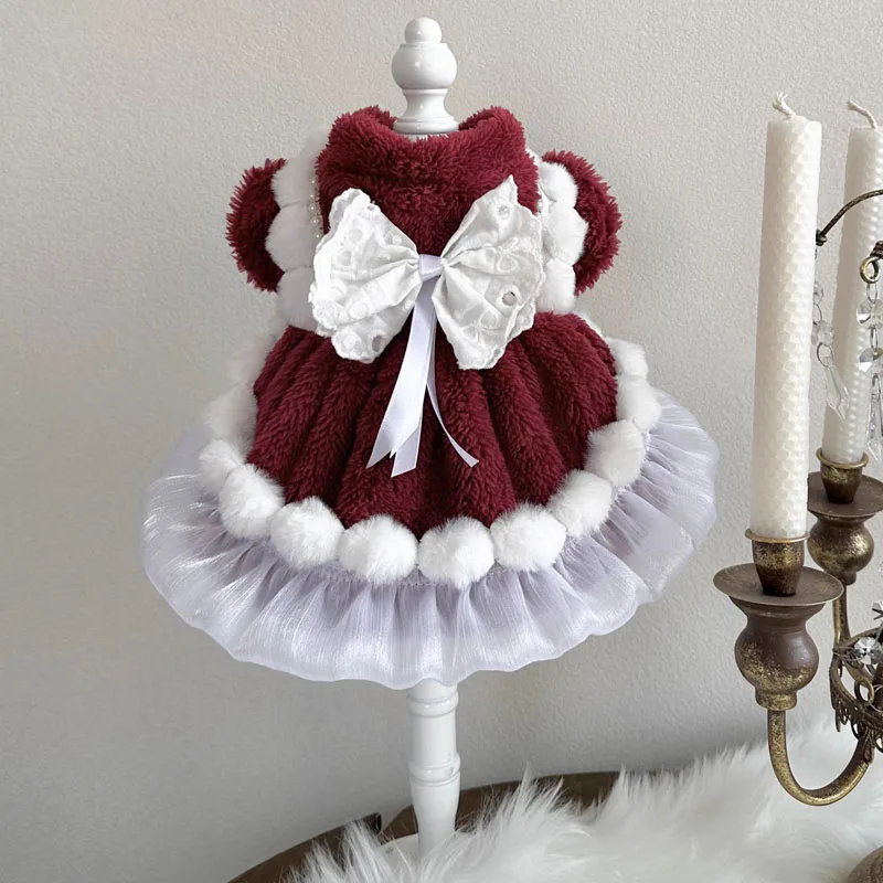 

Зимняя одежда из красного кораллового бархата для домашних питомцев, модное милое платье принцессы ручной работы с большим бантом для маленьких и средних собак, щенков, верхняя одежда для собак