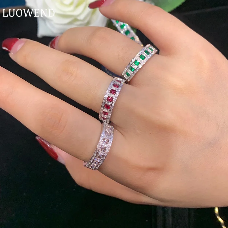

LUOWEND 18K White Gold Ring Natural Ruby or Emerald Wedding Band Luxury Classic Style Rings for Women Engagement Party
