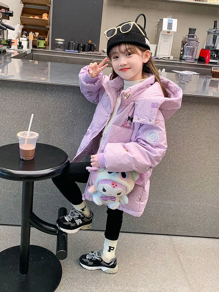 Down Jacket Children Jackets Girls Coat Teen Girls Sanrio Kuromi down Jacket Winter Fashion Children Hooded Velvet Thicken Windbreaker Coat Kids Clothers Outerwear