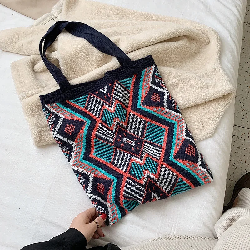 

Lady Knitting Gypsy Bohemian Boho Chic Aztec Tote Bag Women Crochet Woolen Open Shopper Top-handle Bag Female Daily Handbag