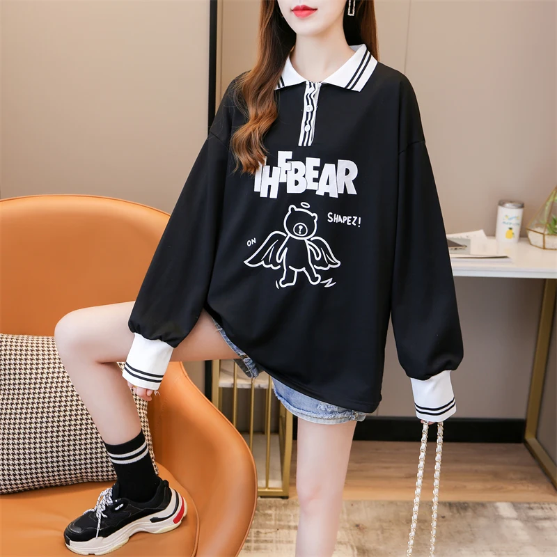 

Autumn Winter Women Polo Collar Long Sleeve Loose Sweatshirts Female Harajuku Large Size Angel Bear Print Top Trend Bottom Shirt