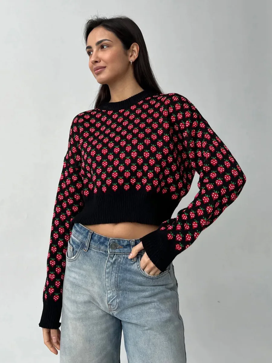 Bornladies Women's Autumn Winter New Strawberry Jacquard Sweater O-Neck Long Sleeve Loose Fit Casual Jumpers