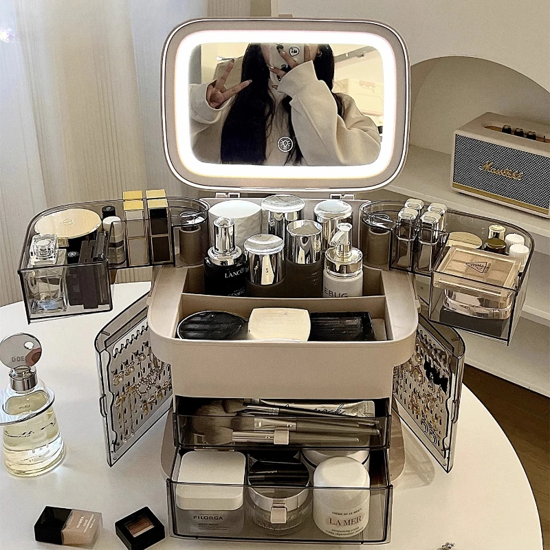 

Cosmetics Storage Box Light Luxury with Mirror Integrated Dressing Table Storage Rack