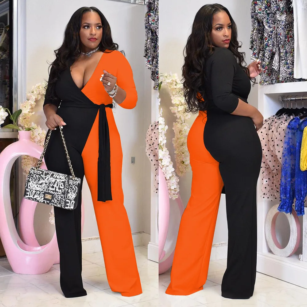 Plus Size Women 5xl Jumpsuits Patchwork One Piece Outfit Fashion V Neck Belt Jumpsuit 2022 Autumn Wide Leg Pants Wholesale