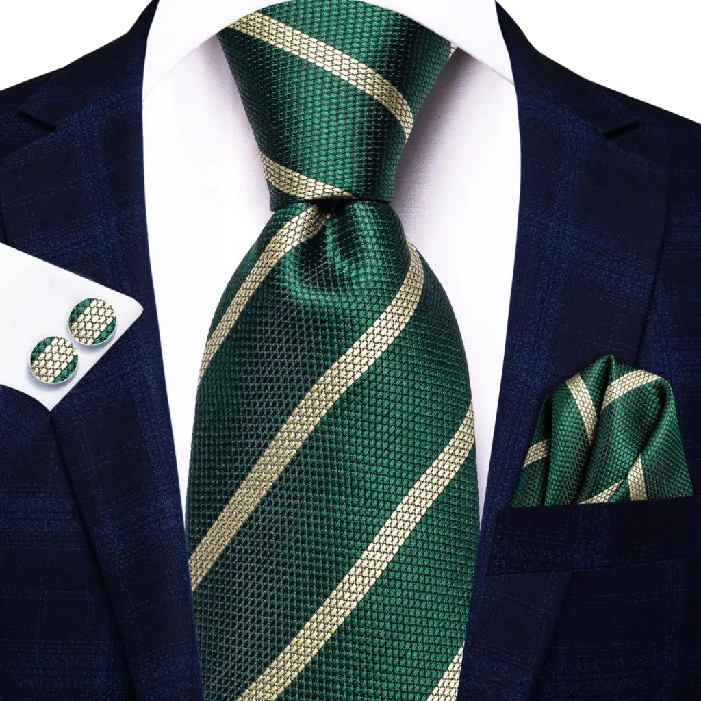 Corbata de seda verde a rayas para hombre, mancuerna de moda para