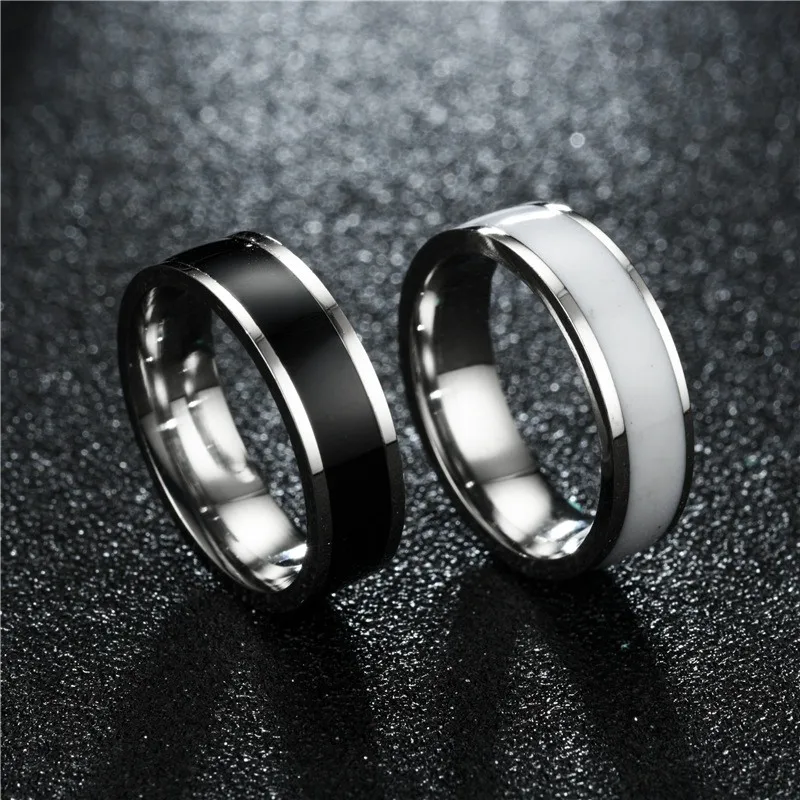 Wedding Rings Rose Gold Color White Black Charm for Woman Man Engrave Name 316L Stainless Steel Never Fade