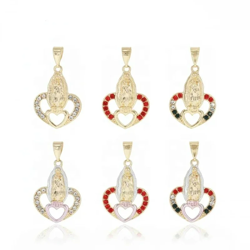 Luck Custom Oro Laminado 14K 18K Placcato Oro Colore Zircone Ciondolo A Forma Di Cuore Vergine Maria Gioielli Religiosi Collana Pendente