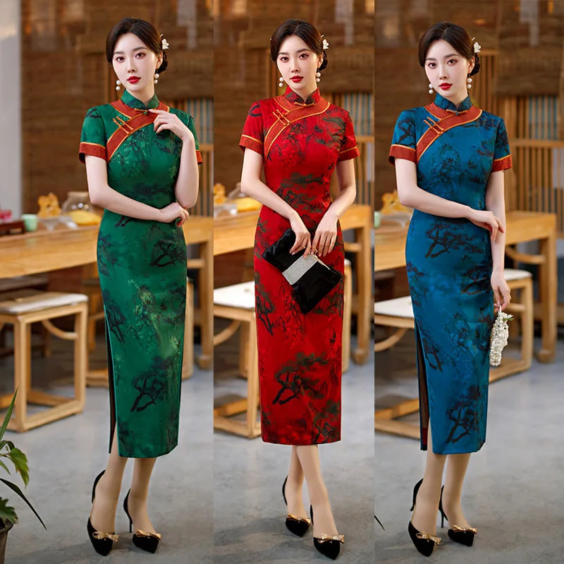 

Traditional Mandarin Collar Flower Printed Satin Women's Cheongsam Elegant Retro Handmade Buttons Qipao Chinese Daily Dress