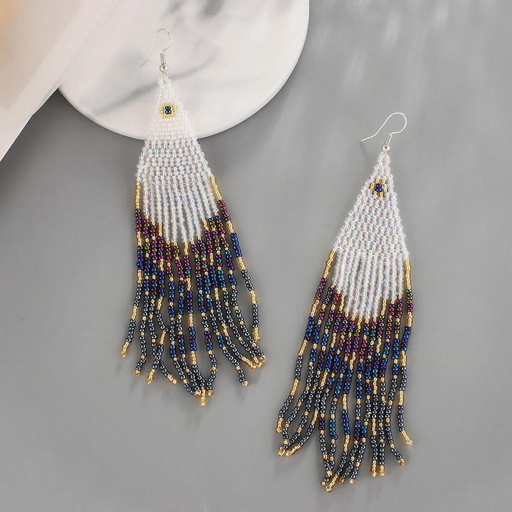 

New Vintage Lady Jewelry Accessories Bohemia Colorful Handmade Rice Beads Weave Tassel Drop Beaded Women Long Hanging Earrings