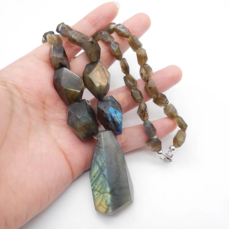 Fine Jewelry Natural Stone Labradorite Necklace Accessories Beads For DIY Jewelry Making 45x22x21mm 11x7x6mm 20.5inch 80g
