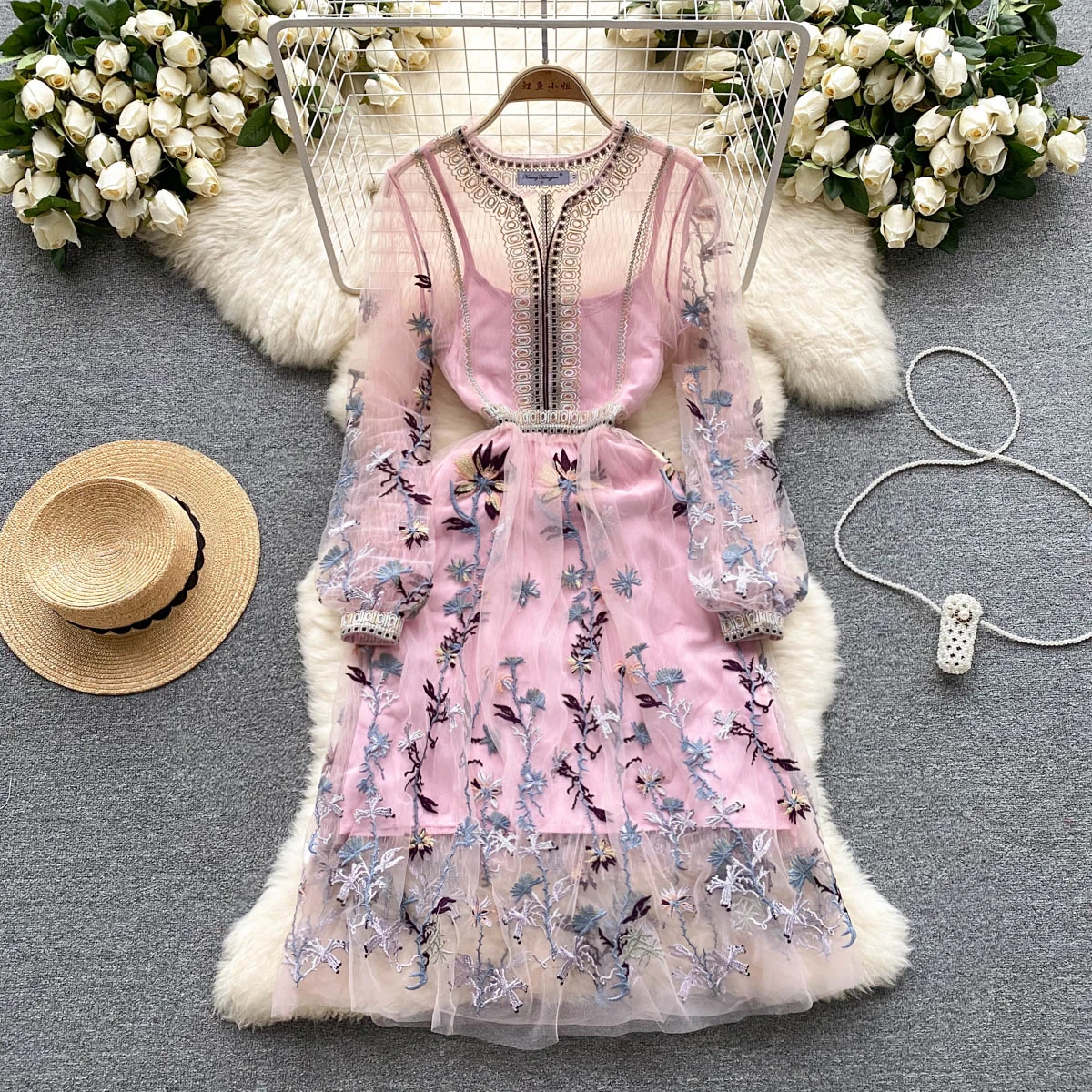 

French Embroidered Mesh Long-sleeved Dress Women New Fashion Summer Chic Round Neck Party Clothes Vestidos De Mujer K902