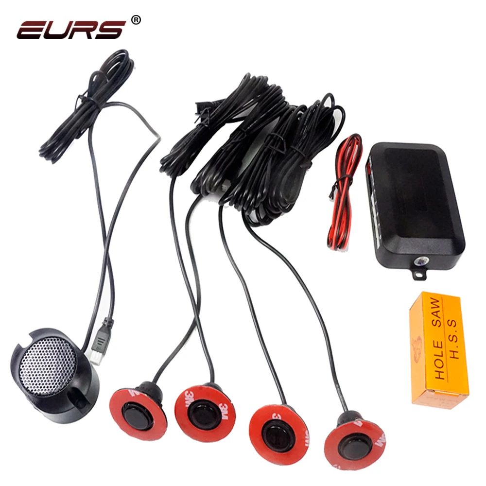 EURS Parktronic 4 sensors Car Backup Radar Parking Sensor Buzzer Detector Assistance Flat Probe System 12V Kit Universal Car Bac