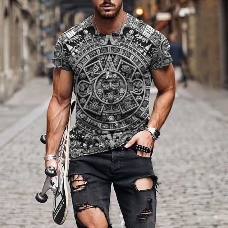 T-Shirt Manica Corta Girocollo Casual Stampata Da Uomo Estate 2023 Maglietta Stampata In 3D Maya Totem