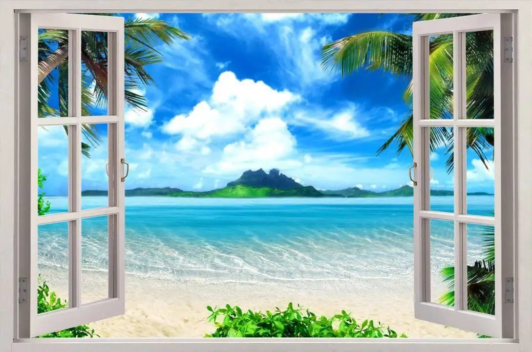 

Exotic Beach View Window Art Picture Print Silk Poster Home Wall Decor