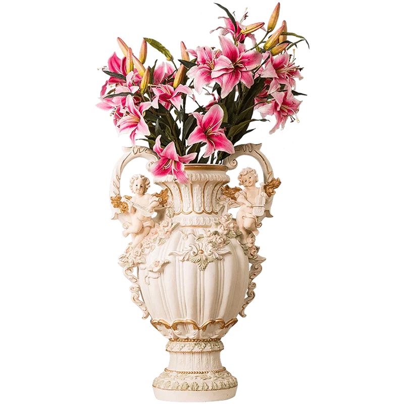 European Luxury Large Floor Angel Resin Vase Fake Flower Arrangement Home room Furnishing Crafts Hotel Club Ornaments Decoration