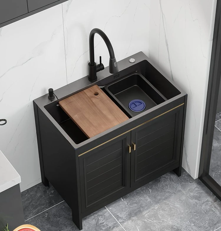 

Kitchen stainless steel dish washing basin integrated cabinet multi-functional sink large single tank floor type