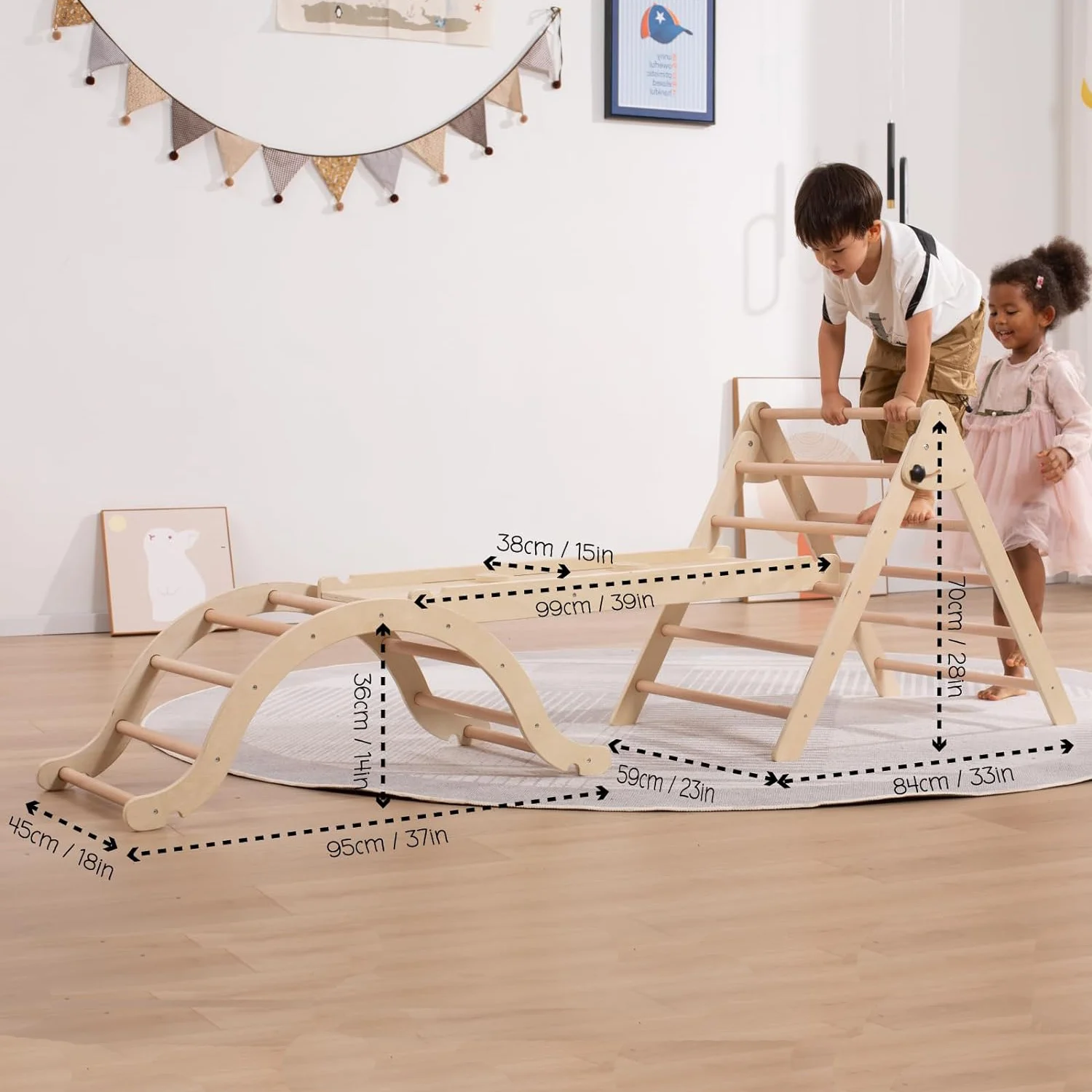 Medium Foldable Pikler Triangle Set with Sliding Ramp & Climbing Arch Ramp, 5-in-1Wooden Toddler Climbing Toys indoor 2