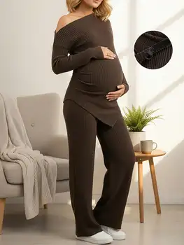 Maternity Women's 2 Piece Top and Pants Off Shoulder Ribbed Knit Wide Leg Pants Casual Daily Lounge Sets