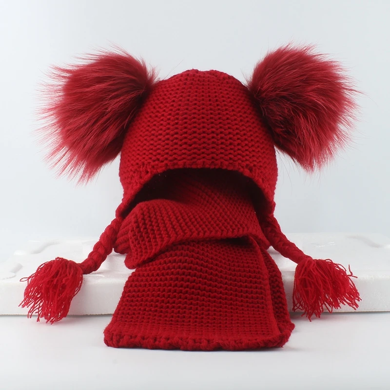 Children's Real Mink Fur Ball Hat Scarf Set Double Balls Earmuff Knit Cap Warm Wool Hat For Baby Boys Girls Scarf Shawl