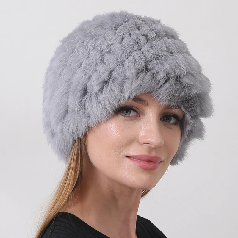 Warm Fluffy Women's Winter Hats 2023 Natural Rabbit Fur Knitted Beanie Russian Soft Cozy Fur Hat 4