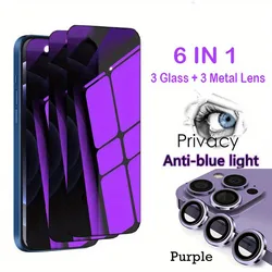 Anti Blue - Ray Eye Protection Privacy Glass with Lens Cap Screen Protector - 6 - in - 1 Set - iPhone 15 (Purple)