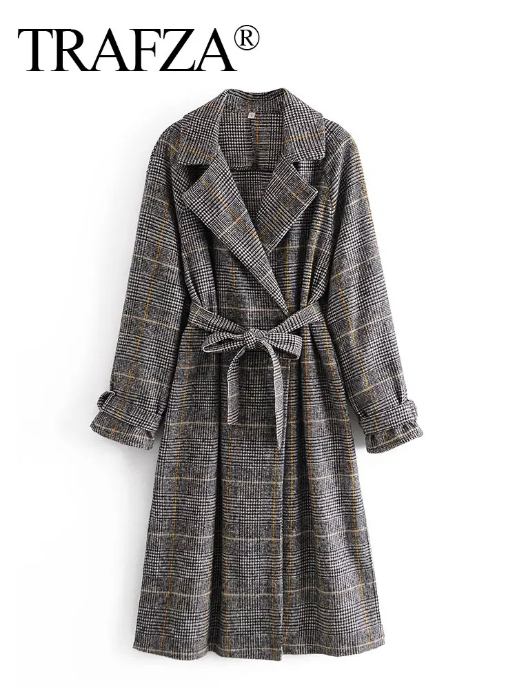 

TRAFZA Autumn New Women Vintage Woolen Coat Long Sleeve Houndstooth Elegant Lapel Belt Casual Chic All Match Elegant Windbreaker