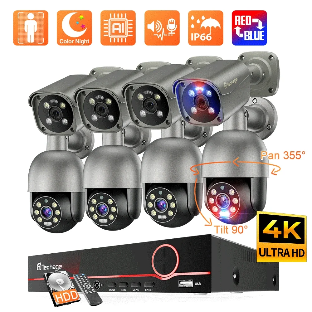 Techage 4K 8MP Security Camera Kit Night Vision Smart AI Detected Email Alert Outdoor Home CCTV Video Surveillance Camera System