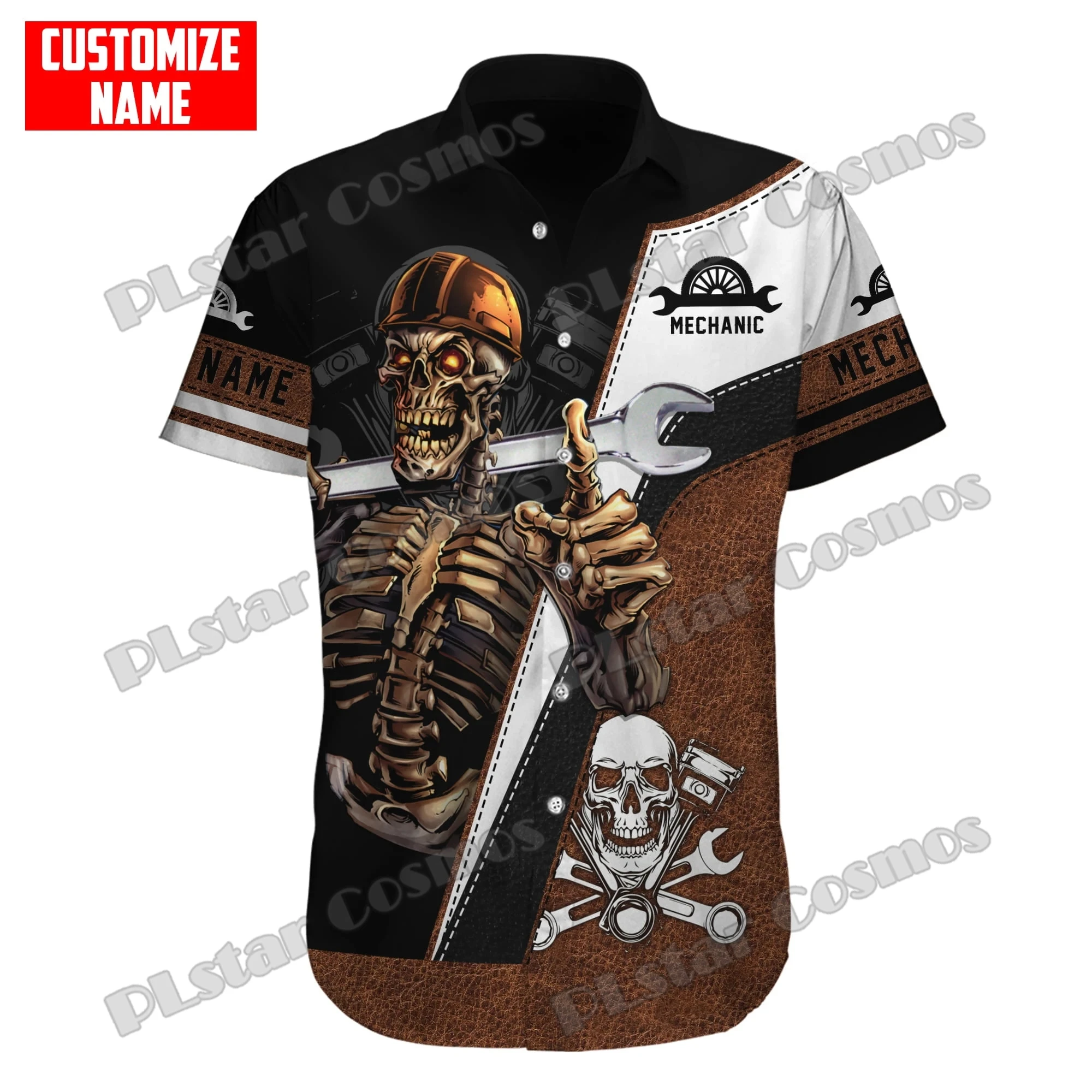 Personalisierter Name Mechaniker Totenkopf 3D-gedrucktes Herren-Hawaii-Hemd Sommer Unisex Casual Beach Kurzarm-Knopfhemd SH07 – Detail 14