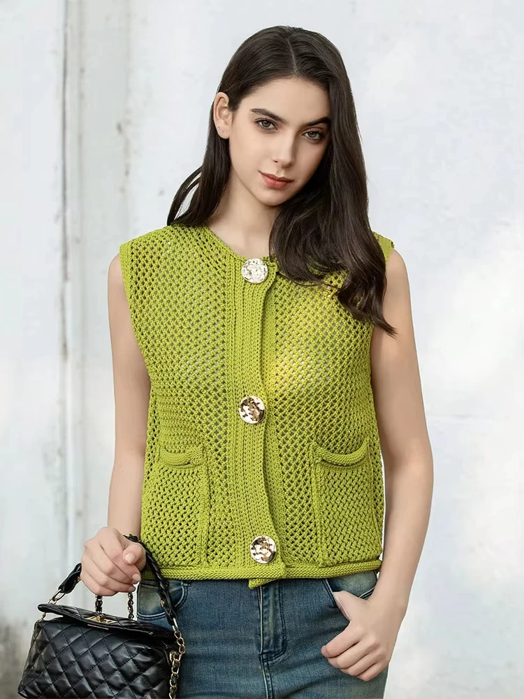 HH Spring Women Elegant Solid Metal Buttons Sweater Vest With Pockets Sleeveless Waistcoat Y2k Crop Top Vest Female Knit Vests