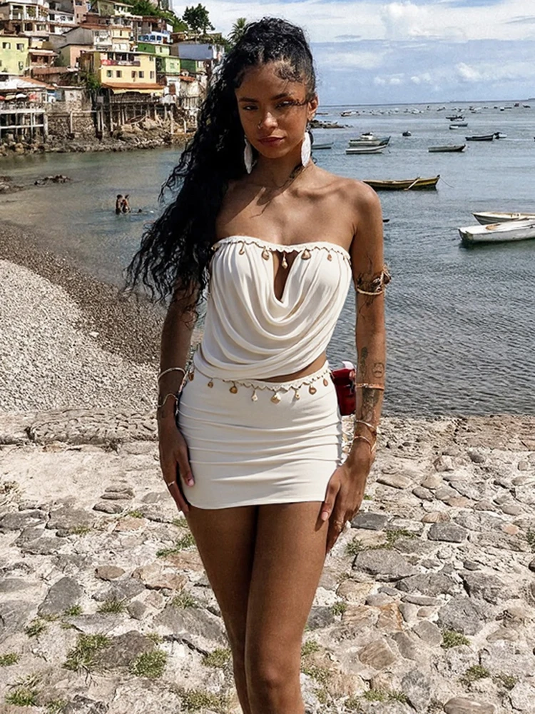 Nibber Beach Party Shell Decoration 2 Piece Set Woman Chest Wrap Backless Tank Tops+Skinny Mini Skirts Vacation Sexy Style Suits