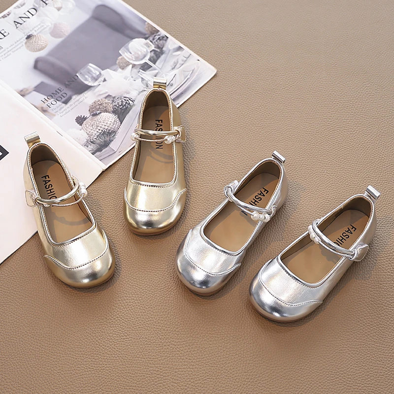 Leather Ballet Flats for Girls with Shiny Beads