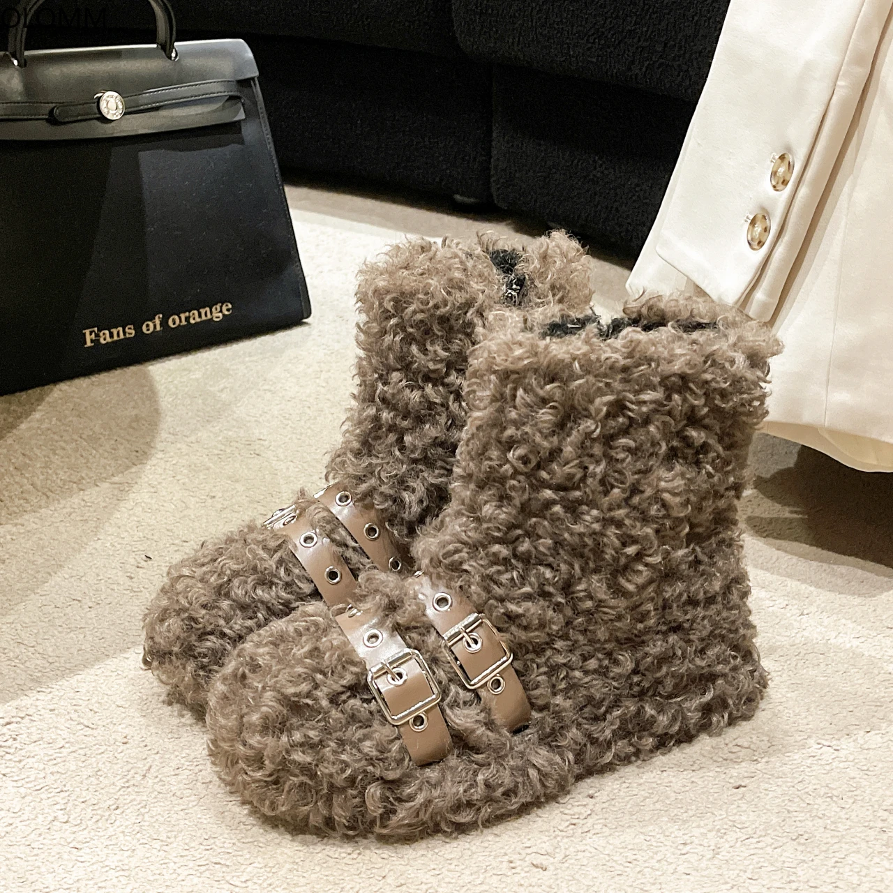 

Faux Fur Ankle Boots Womens Belt Buckle Round Toe Warm Winter Snow Thick Shoes 3Styles Girls New 2023