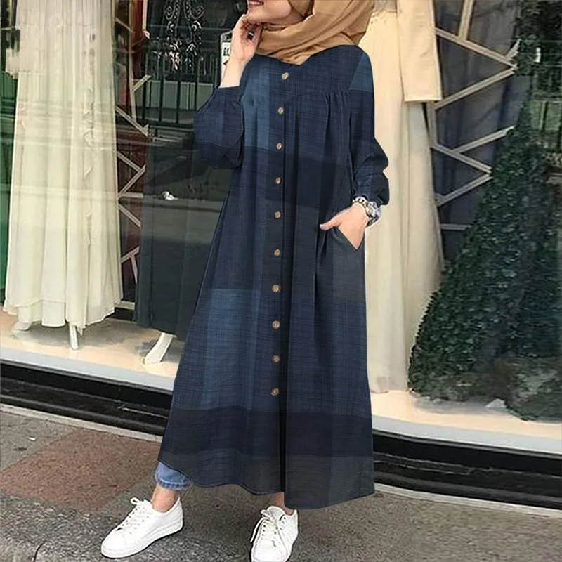 

Women Muslim Dress Autumn Vintage Long Sleeve Plaid Checked Sundress Kaftan Robe Femme Loose Long Dresses Baggy
