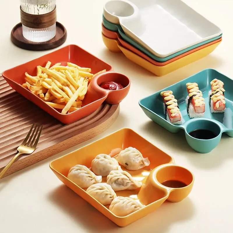 Snack Dish Multi-purpose French Fries Ketchup Holder Dumpling Plate With Vinegar Plate 2-Grid Spices Dish Dumplings Dessert