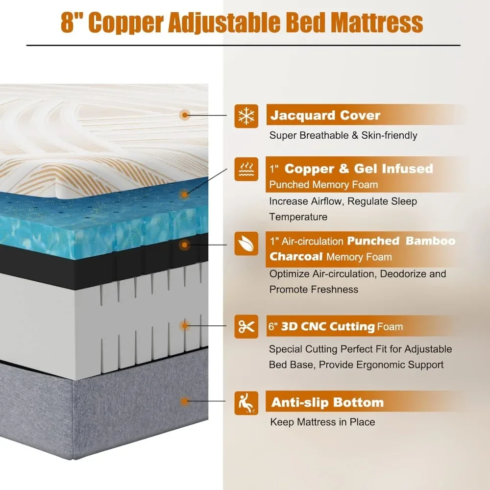8 Inch Mattress Twin XL, Copper Infused Memory Foam Mattress w/Jacquard Cover & Bamboo Charcoal Memory Foam 2