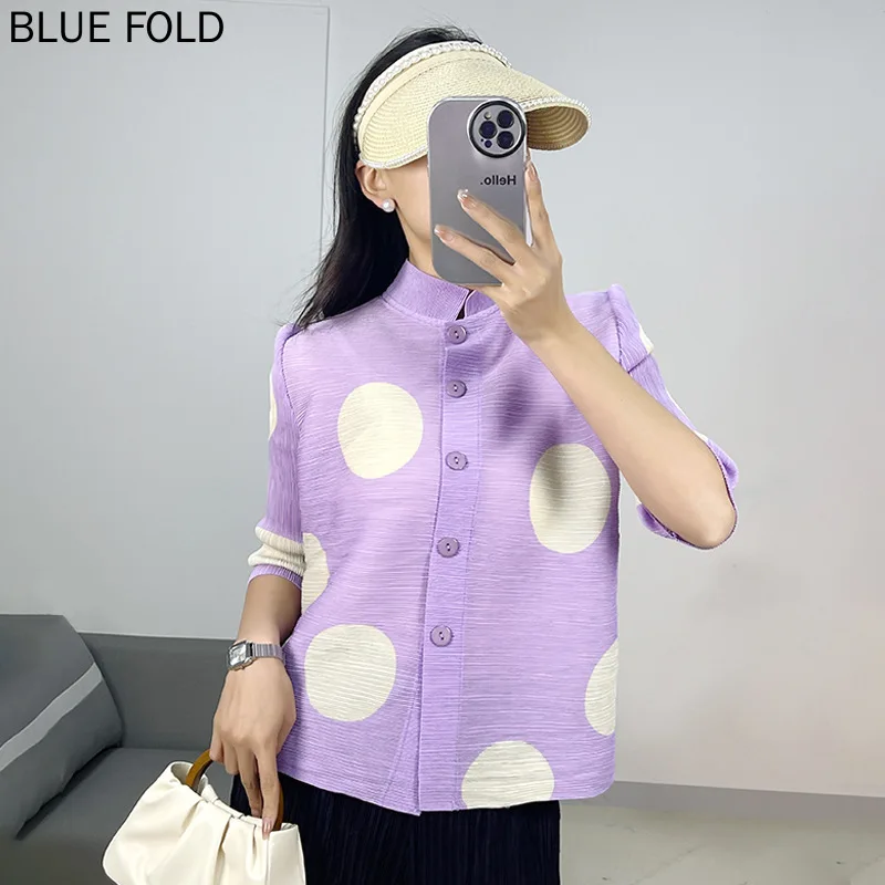 

Miyake's New Women's Pleated Printed Polka-dot Pleated Loose and Versatile High-elastic Three-quarter Sleeve Shirt for Women