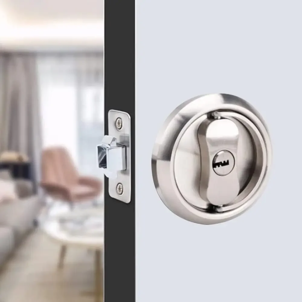 Recessed Interior Sliding Door Lock Round Privacy Sliding Door Closing with Keys Hidden Pull Ring Latch