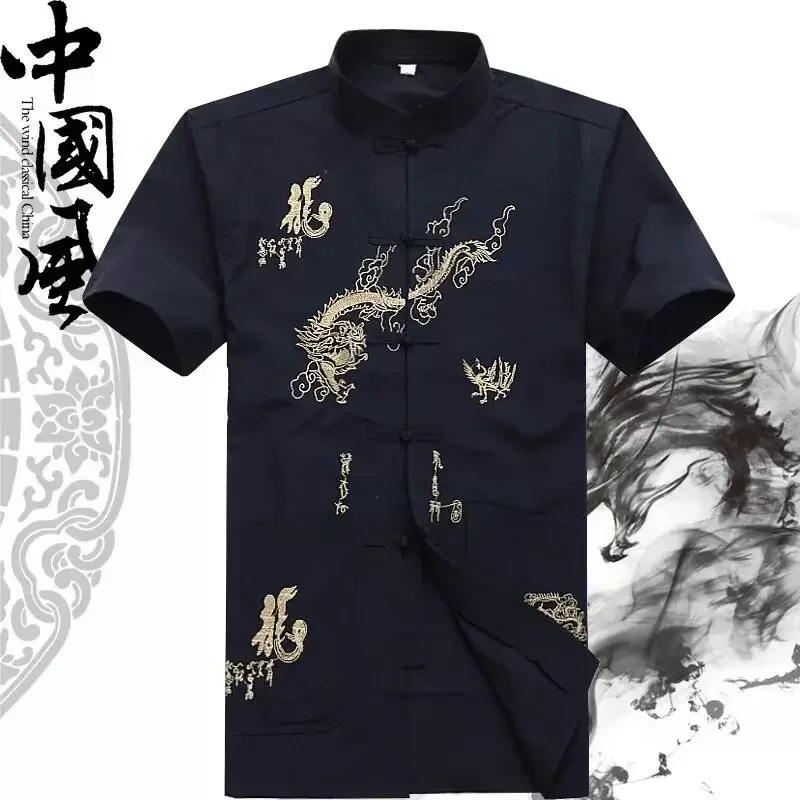 

15 Styles Chinese Shirts for Men Blouse 3XL Embroidery Dragon Print Tops Tang Suit Traditional Hanfu T Shirt Kung Fu Coat Father