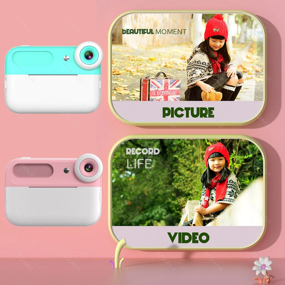 3.0'' HD Big Screen Kids Children's Digital Camera Instant Video Record & Thermal Printer Funprint APP 32G Memory Card optional