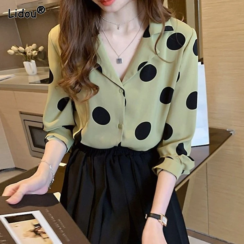 2023 Women's Clothing V-neck Printing Blouses Button Temperament Korean Fashion Casual Spring Summer Thin Loose Elegant Sweet