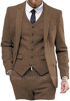 Abiti da uomo in lana tweed a spina di pesce marrone/nero per affari invernali vintage con risvolto dentellato 3 pezzi giacca gilet pantaloni per matrimonio 1