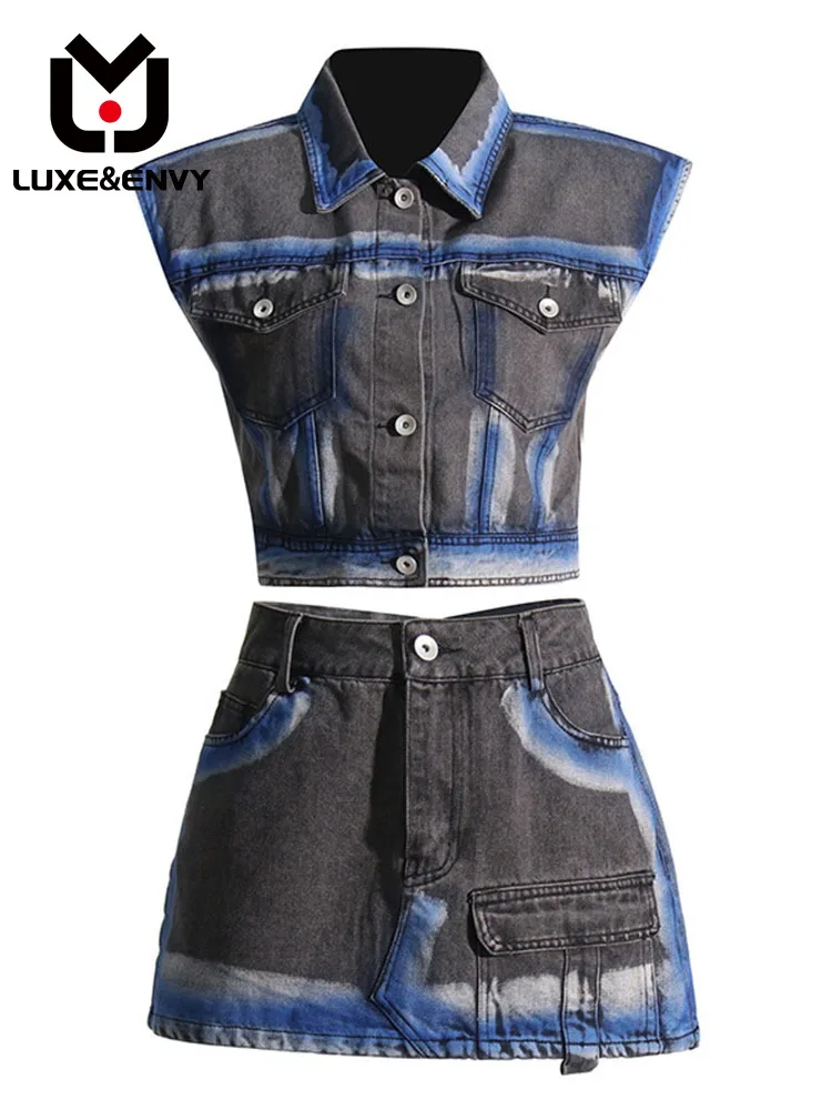 

LUXE&ENVY 2023 Summer New Casual Collar Sleeveless Pocket Color Matching Design Vest+High Waist Skirt Set